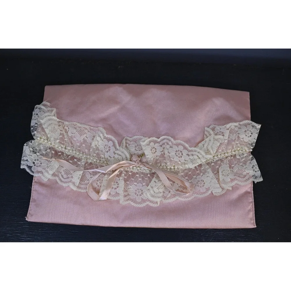 Vintage Victoria Secret Blush Pink Lingerie Bag Lace Pearl Trim Nylon Storage